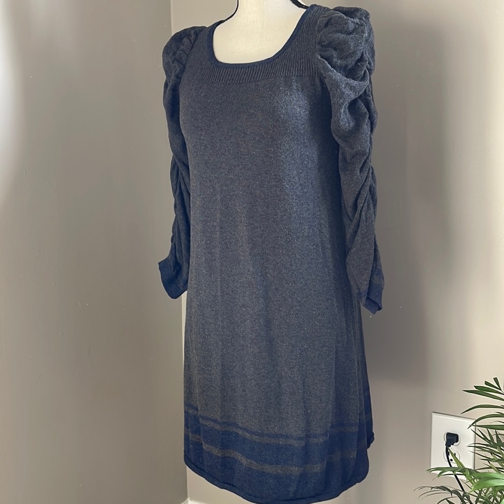 Max Studio Grey & Blue Knit Sweater Dress Ruffled Long Sleeves Size M